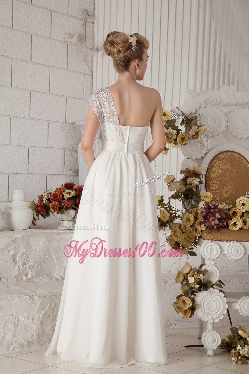Affordable Empire One Shoulder Floor-length Beading Wedding Dress