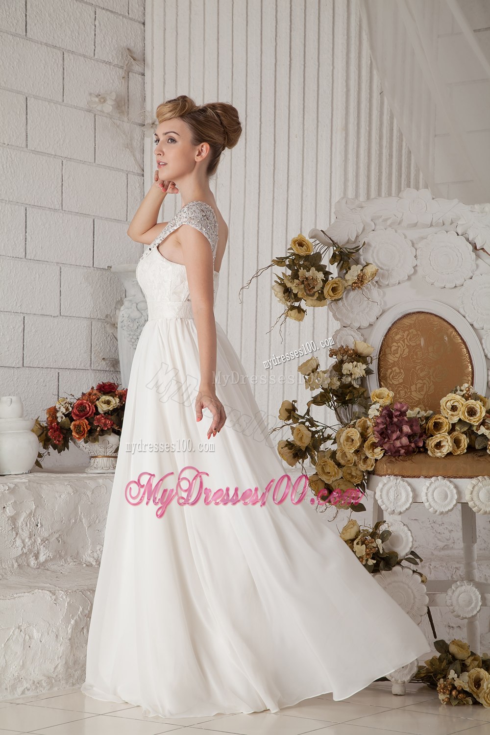 Affordable Empire One Shoulder Floor-length Beading Wedding Dress