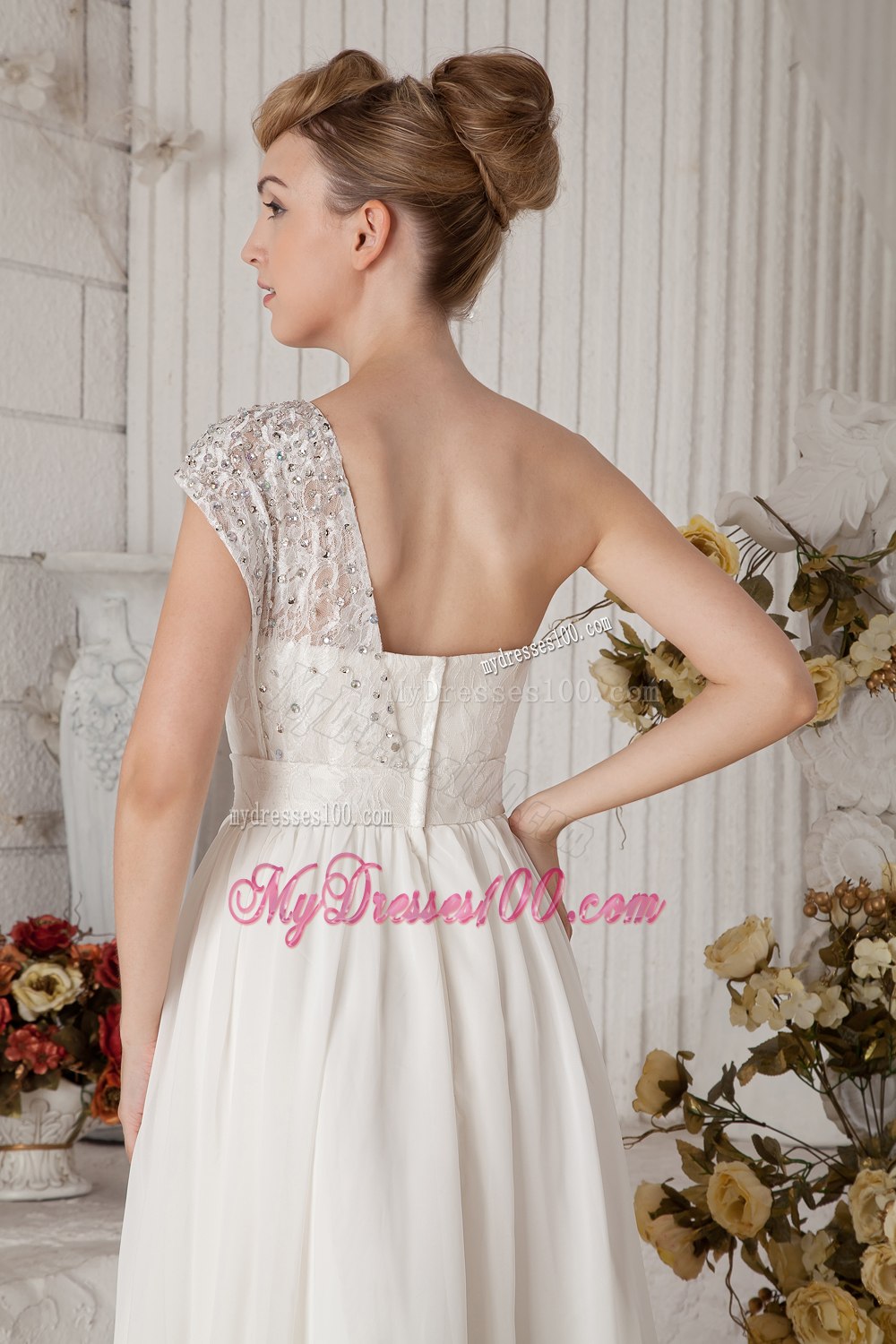 Affordable Empire One Shoulder Floor-length Beading Wedding Dress