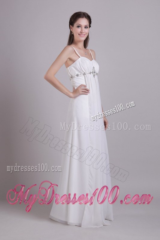 White Empire Spaghetti Straps Floor-length Beading Wedding Dresses