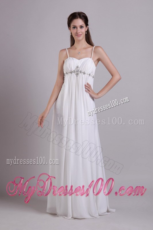 White Empire Spaghetti Straps Floor-length Beading Wedding Dresses