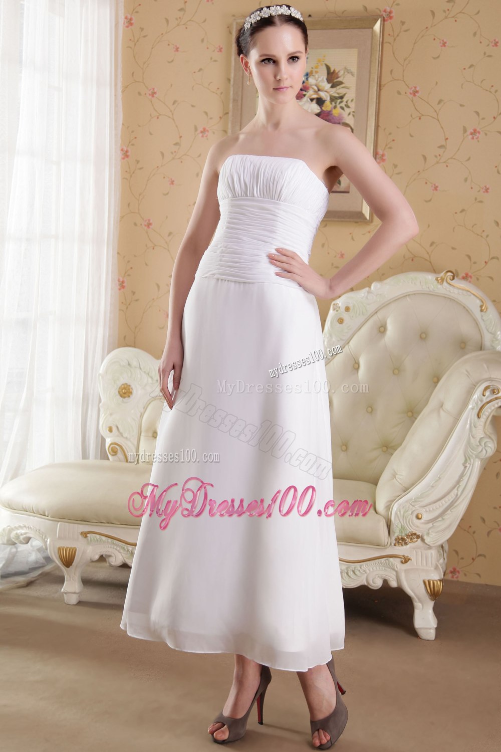 2013 Empire Strapless Ankle-length Ruching Wedding Dresses For Garden