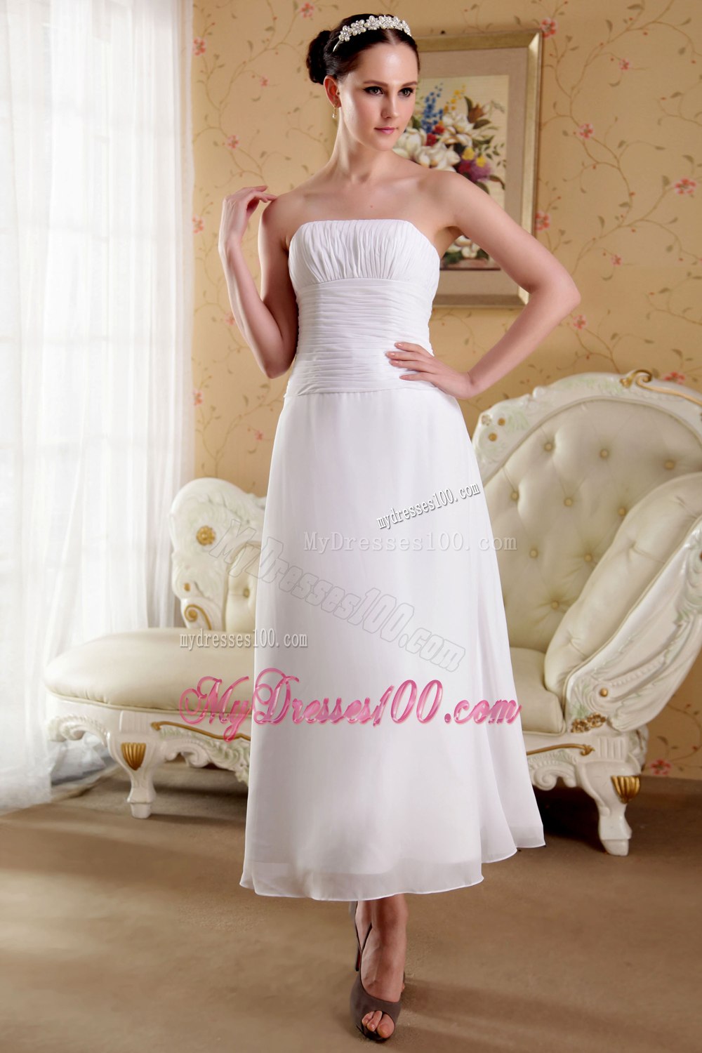 2013 Empire Strapless Ankle-length Ruching Wedding Dresses For Garden