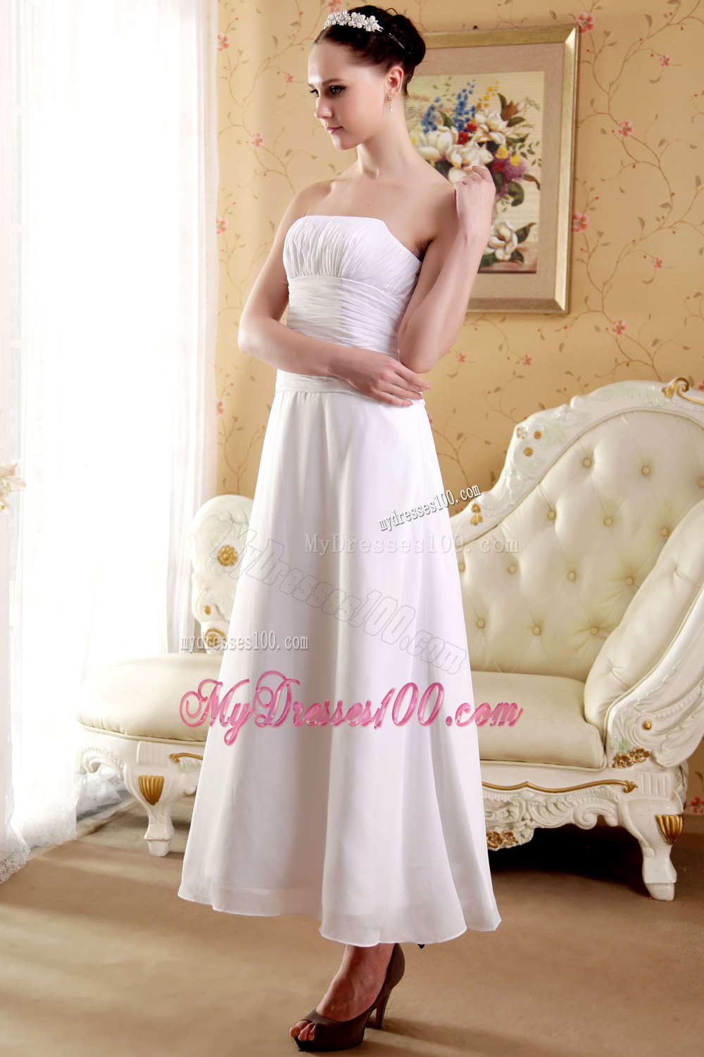 2013 Empire Strapless Ankle-length Ruching Wedding Dresses For Garden