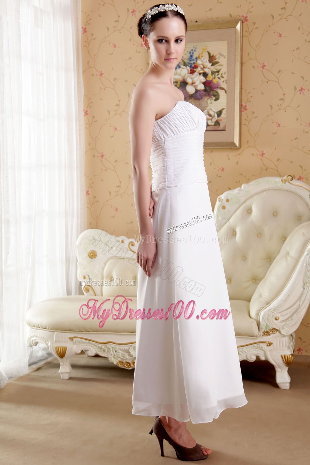 2013 Empire Strapless Ankle-length Ruching Wedding Dresses For Garden