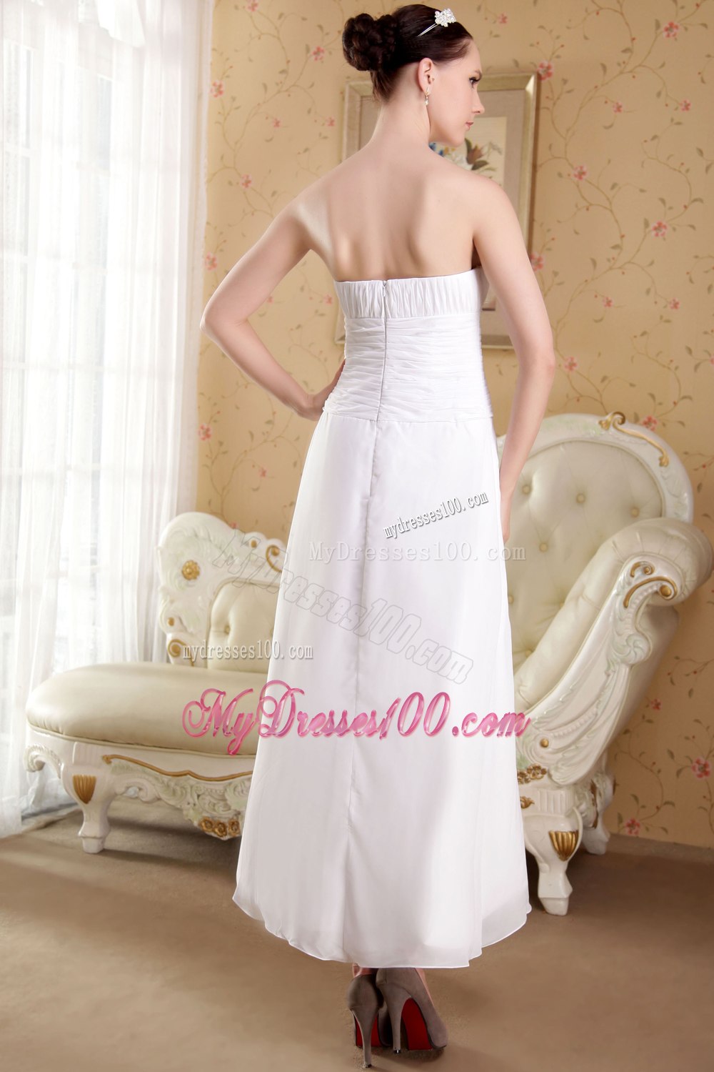 2013 Empire Strapless Ankle-length Ruching Wedding Dresses For Garden