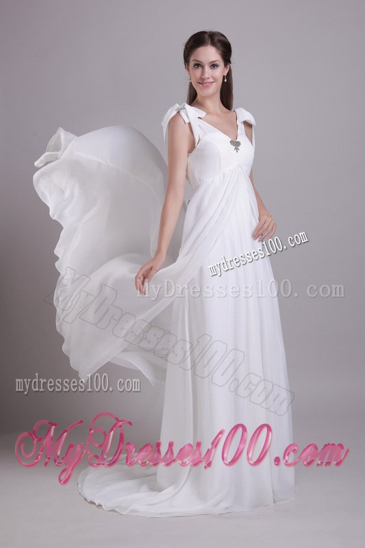 Elegant Empire V-neck Brush Train Beading Beach Wedding Dresses