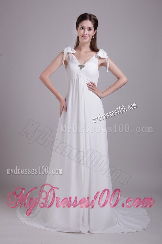 Elegant Empire V-neck Brush Train Beading Beach Wedding Dresses