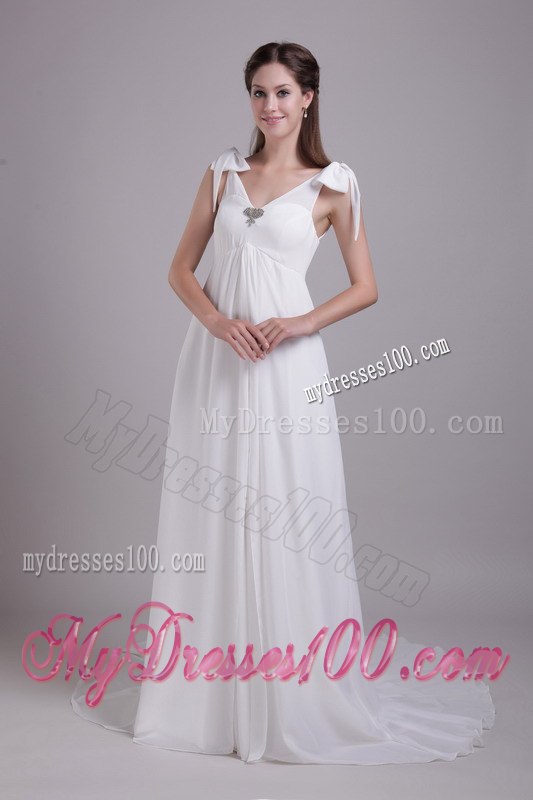 Elegant Empire V-neck Brush Train Beading Beach Wedding Dresses