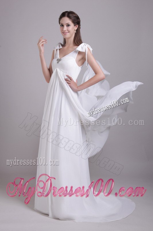 Elegant Empire V-neck Brush Train Beading Beach Wedding Dresses