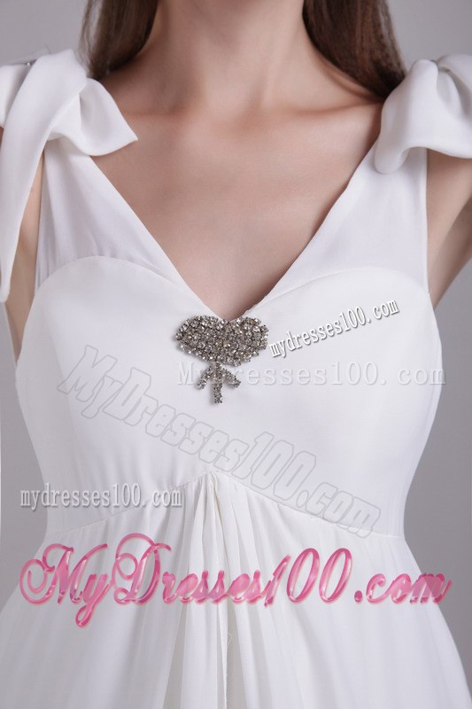 Elegant Empire V-neck Brush Train Beading Beach Wedding Dresses