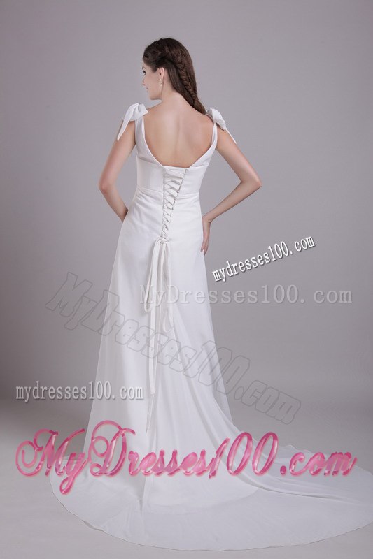 Elegant Empire V-neck Brush Train Beading Beach Wedding Dresses