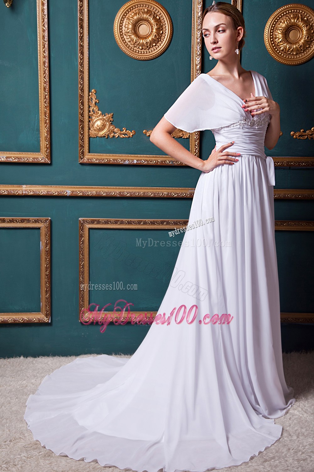 White Empire V-neck Court Train Appliques Short Sleeves Wedding Dress