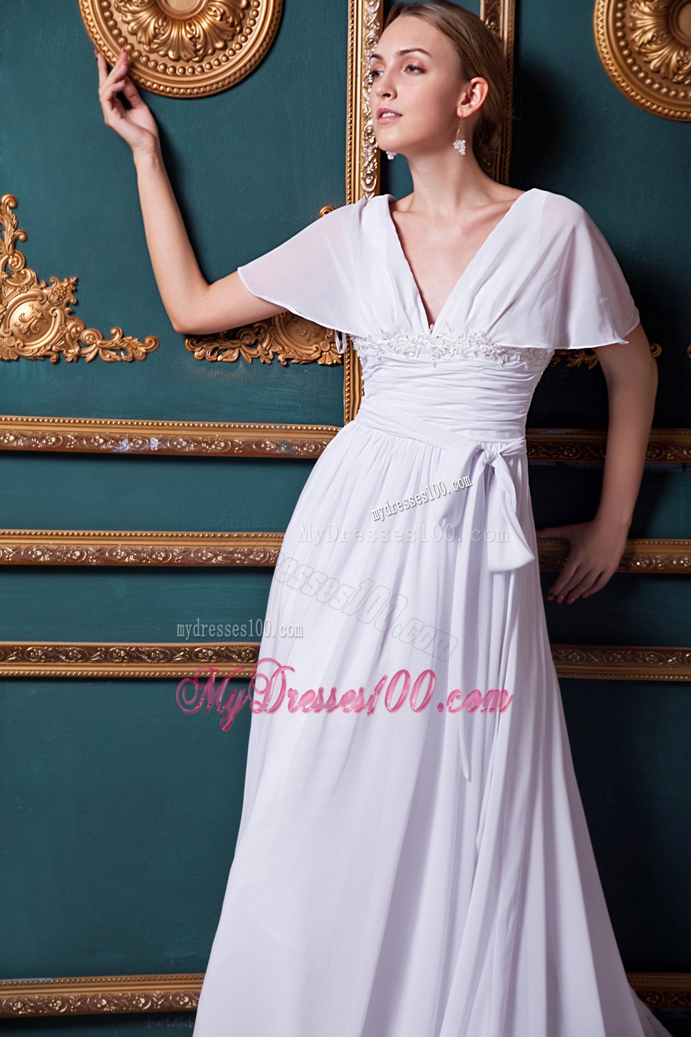 White Empire V-neck Court Train Appliques Short Sleeves Wedding Dress