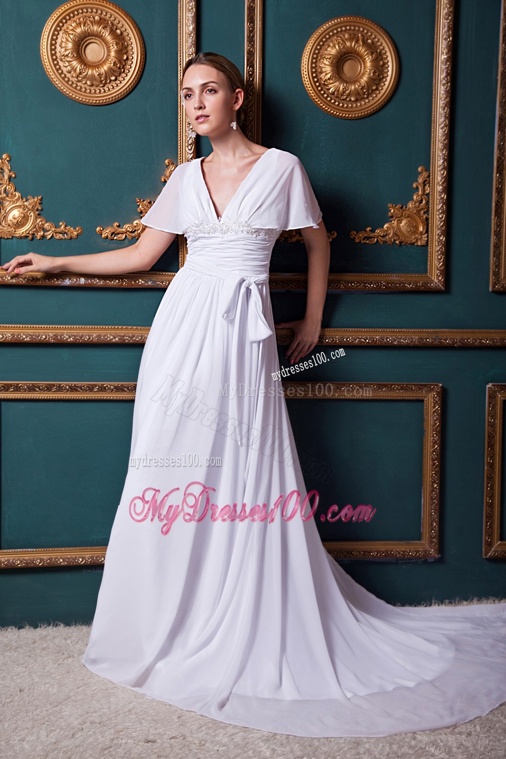 White Empire V-neck Court Train Appliques Short Sleeves Wedding Dress