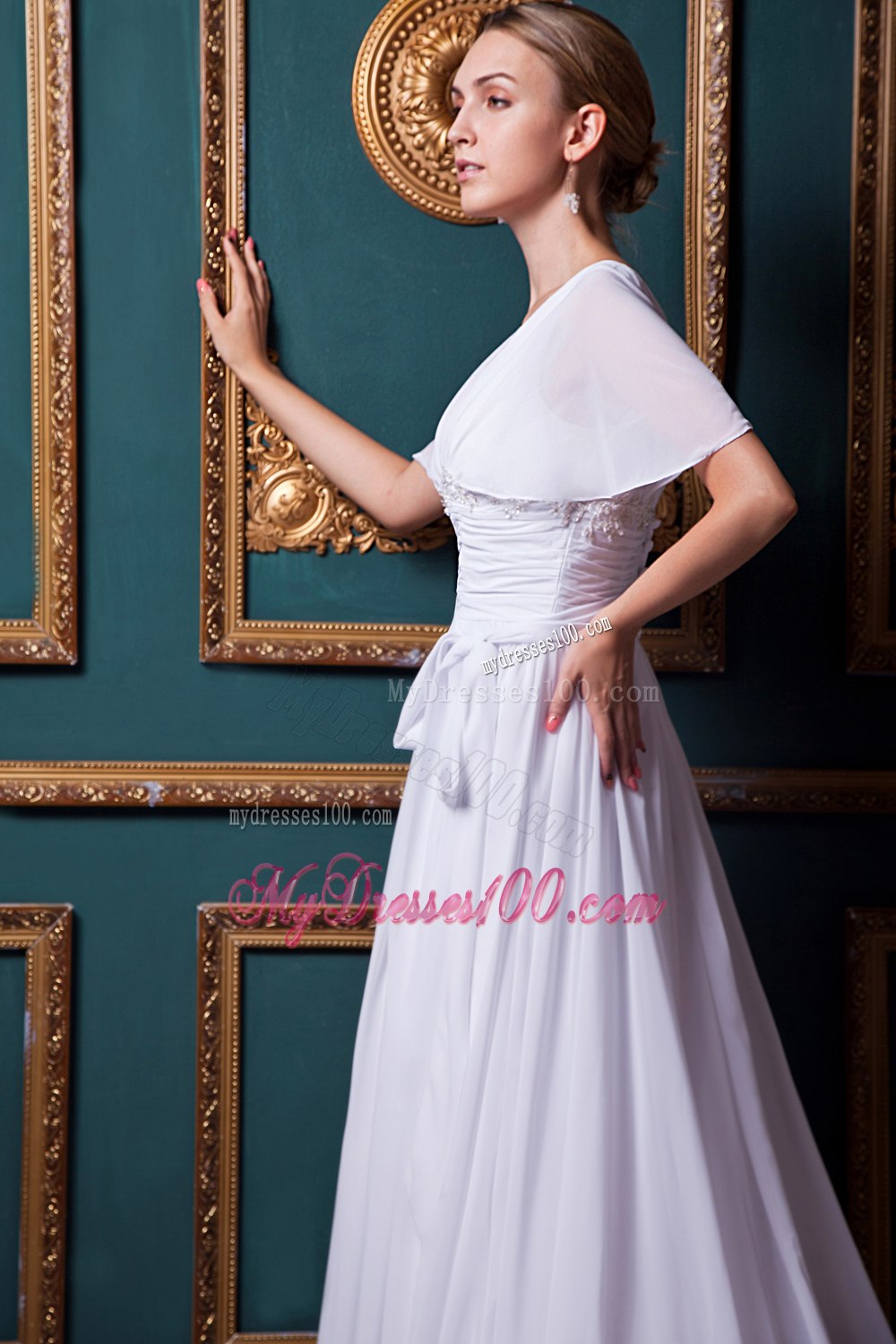 White Empire V-neck Court Train Appliques Short Sleeves Wedding Dress