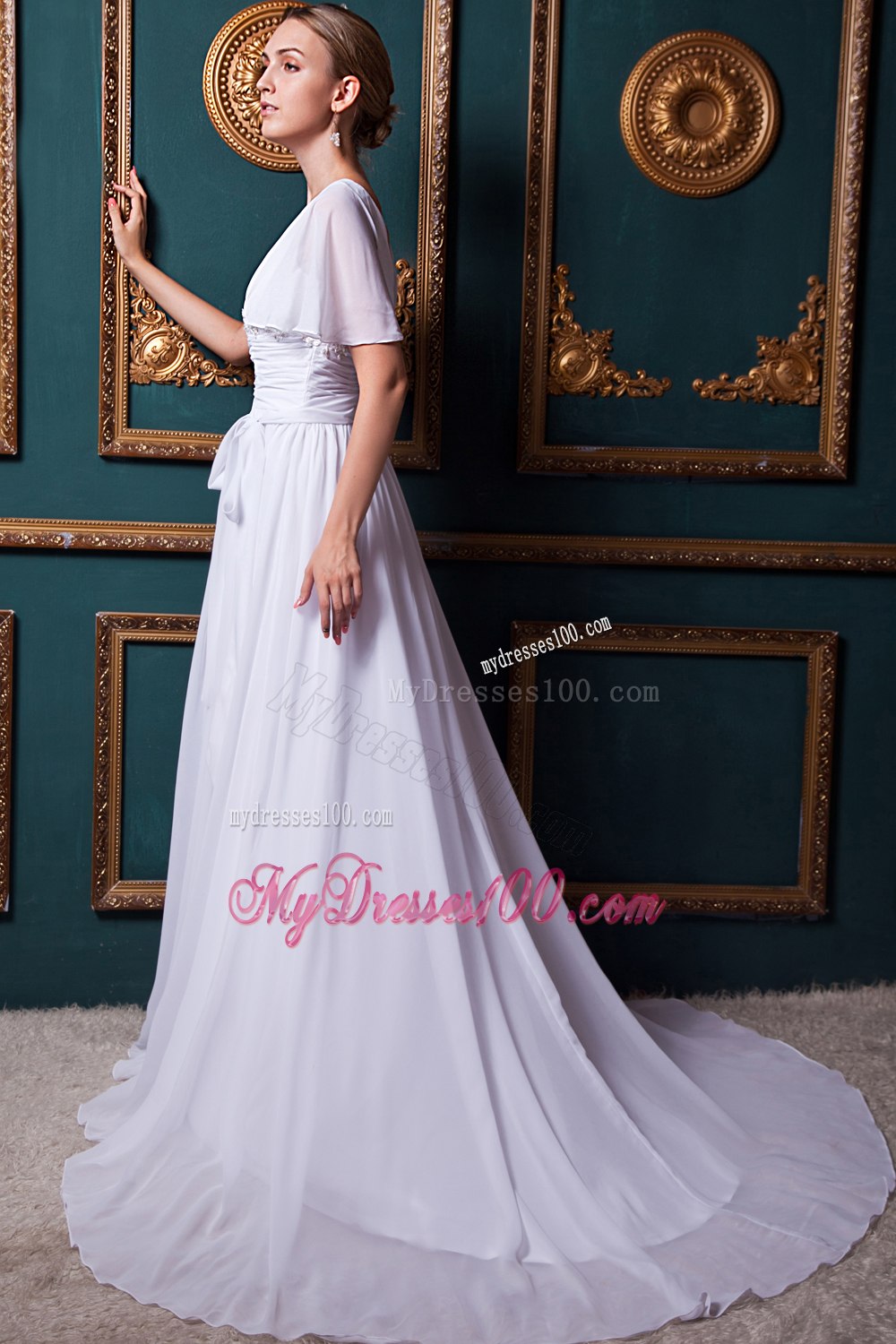 White Empire V-neck Court Train Appliques Short Sleeves Wedding Dress