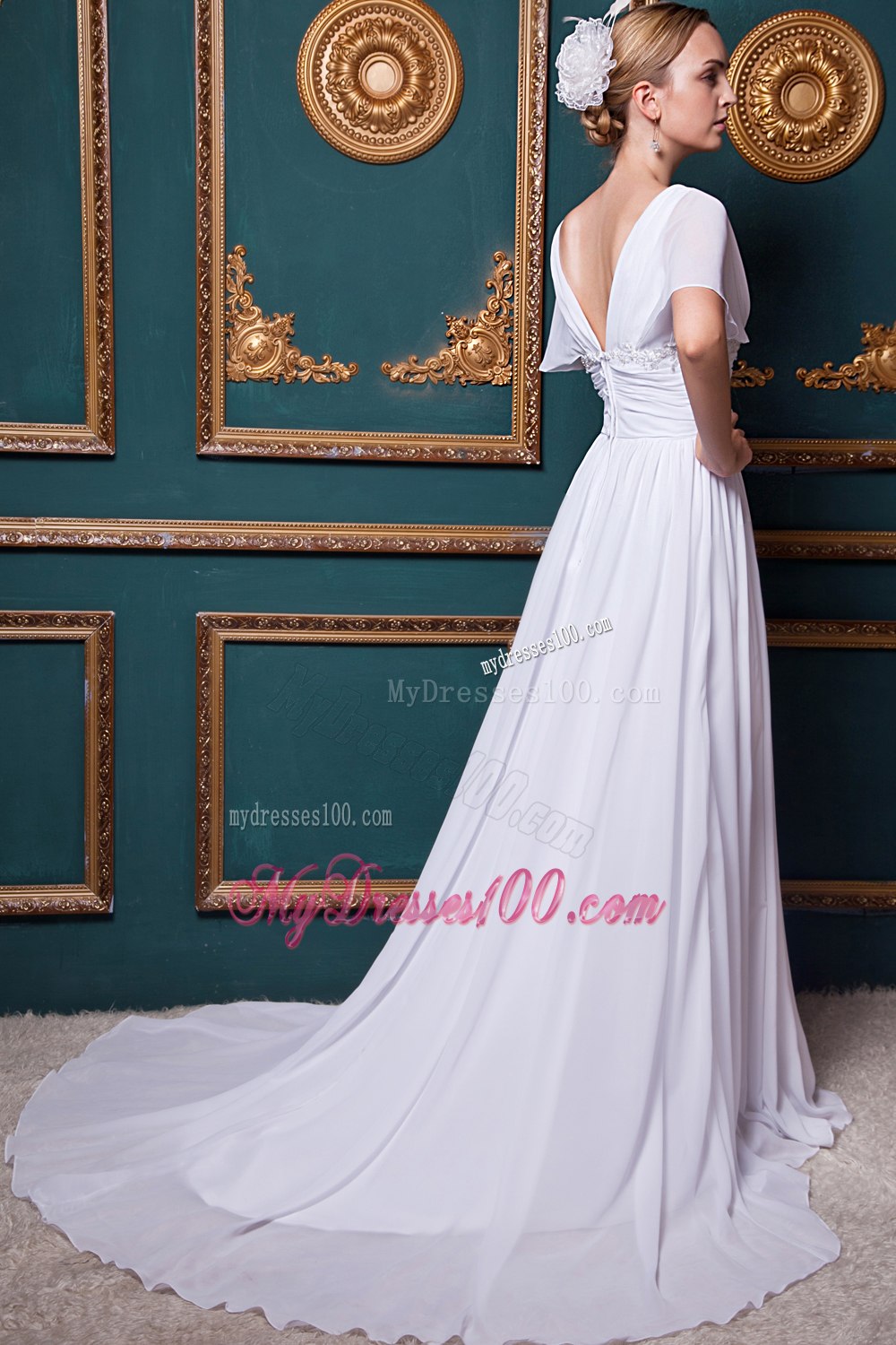 White Empire V-neck Court Train Appliques Short Sleeves Wedding Dress