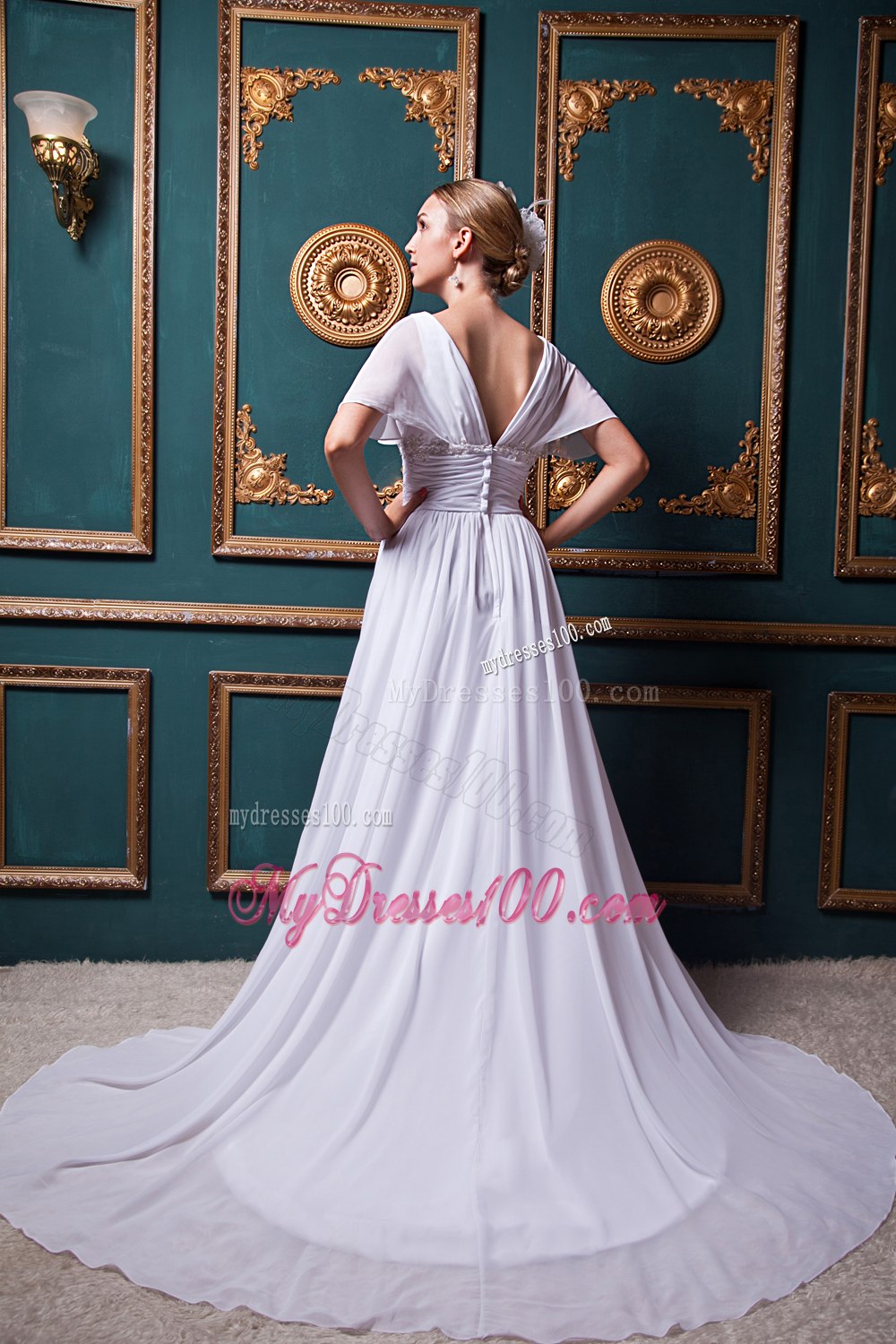 White Empire V-neck Court Train Appliques Short Sleeves Wedding Dress