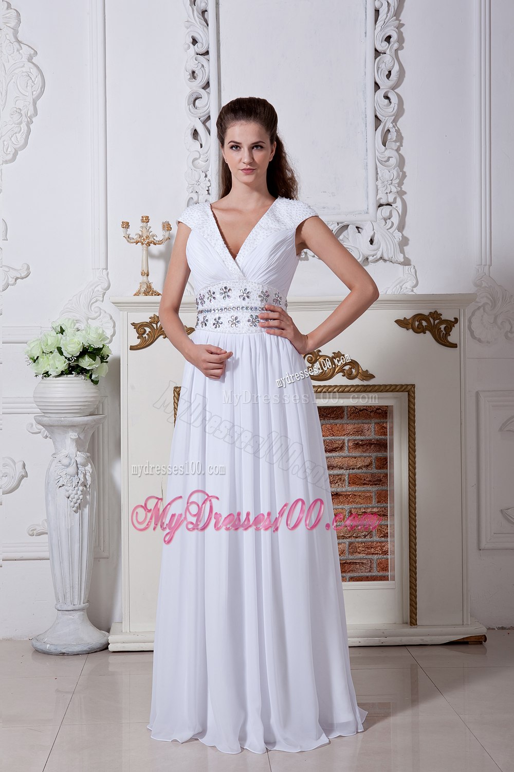 Empire V-neck Floor-length Beading Wedding Dress with Short Sleeves