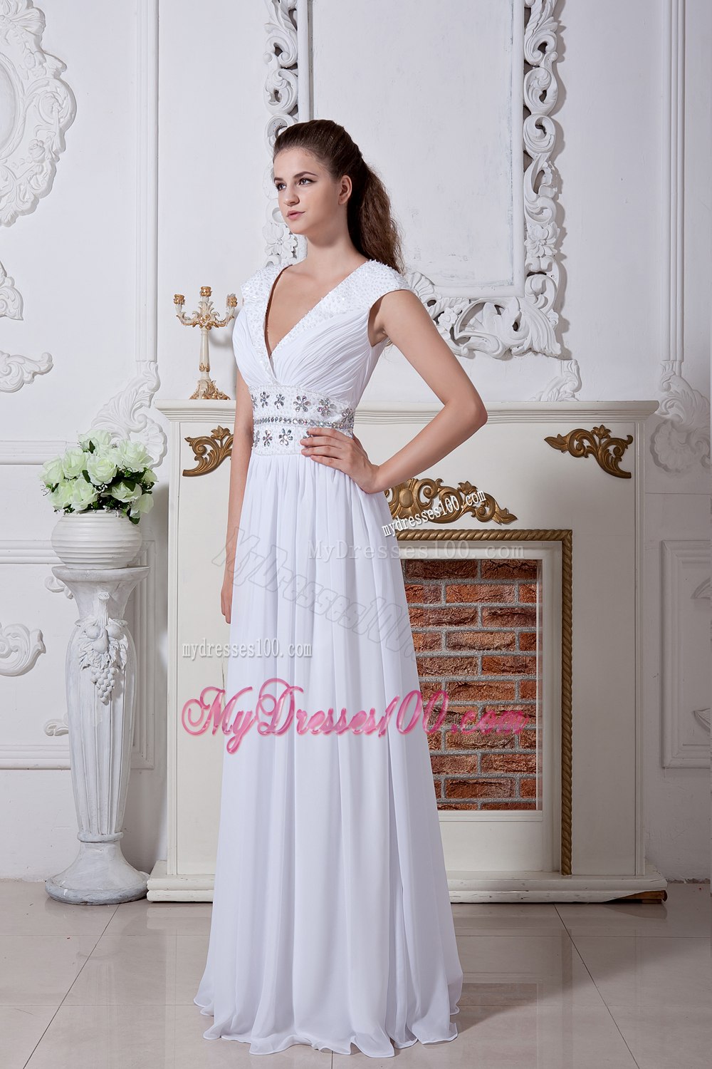 Empire V-neck Floor-length Beading Wedding Dress with Short Sleeves