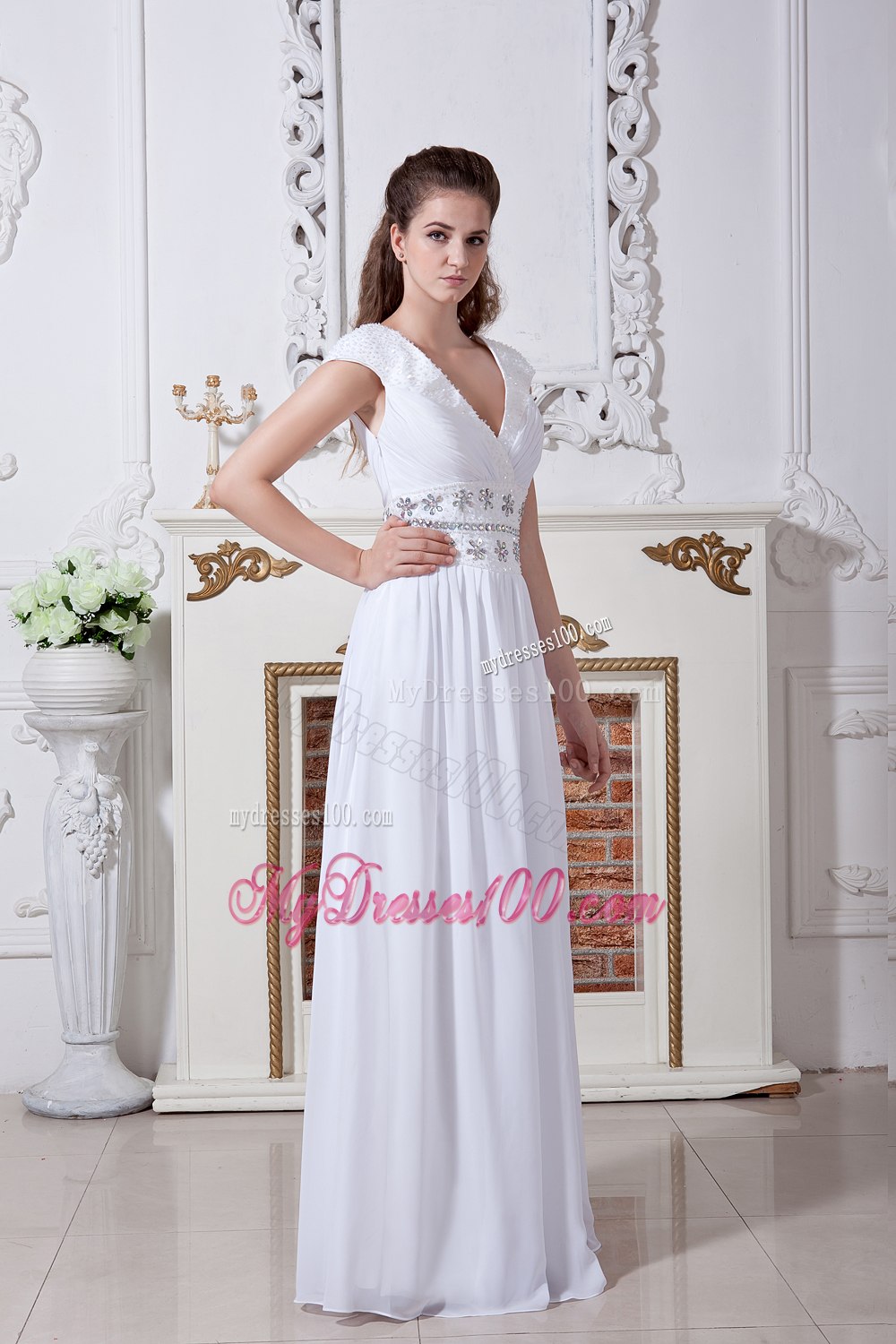 Empire V-neck Floor-length Beading Wedding Dress with Short Sleeves