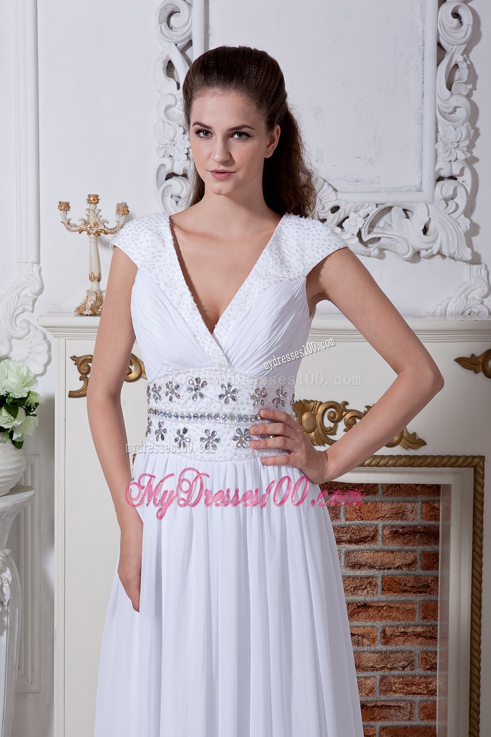 Empire V-neck Floor-length Beading Wedding Dress with Short Sleeves