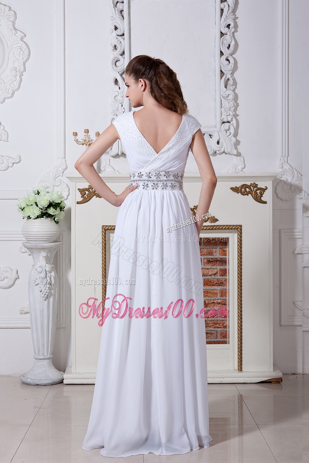 Empire V-neck Floor-length Beading Wedding Dress with Short Sleeves