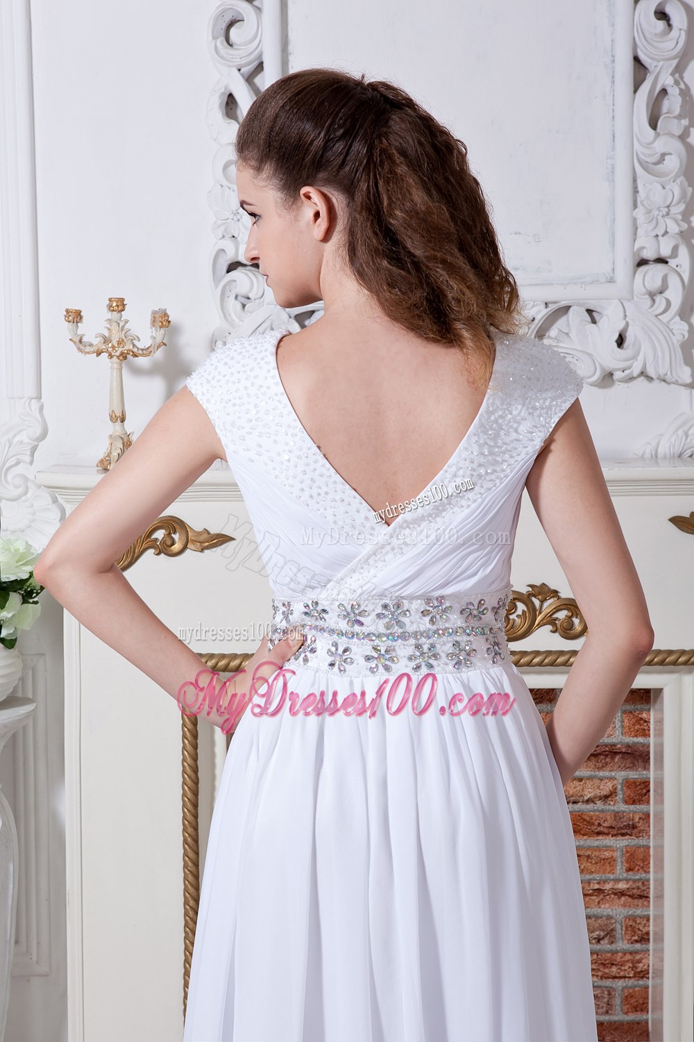 Empire V-neck Floor-length Beading Wedding Dress with Short Sleeves