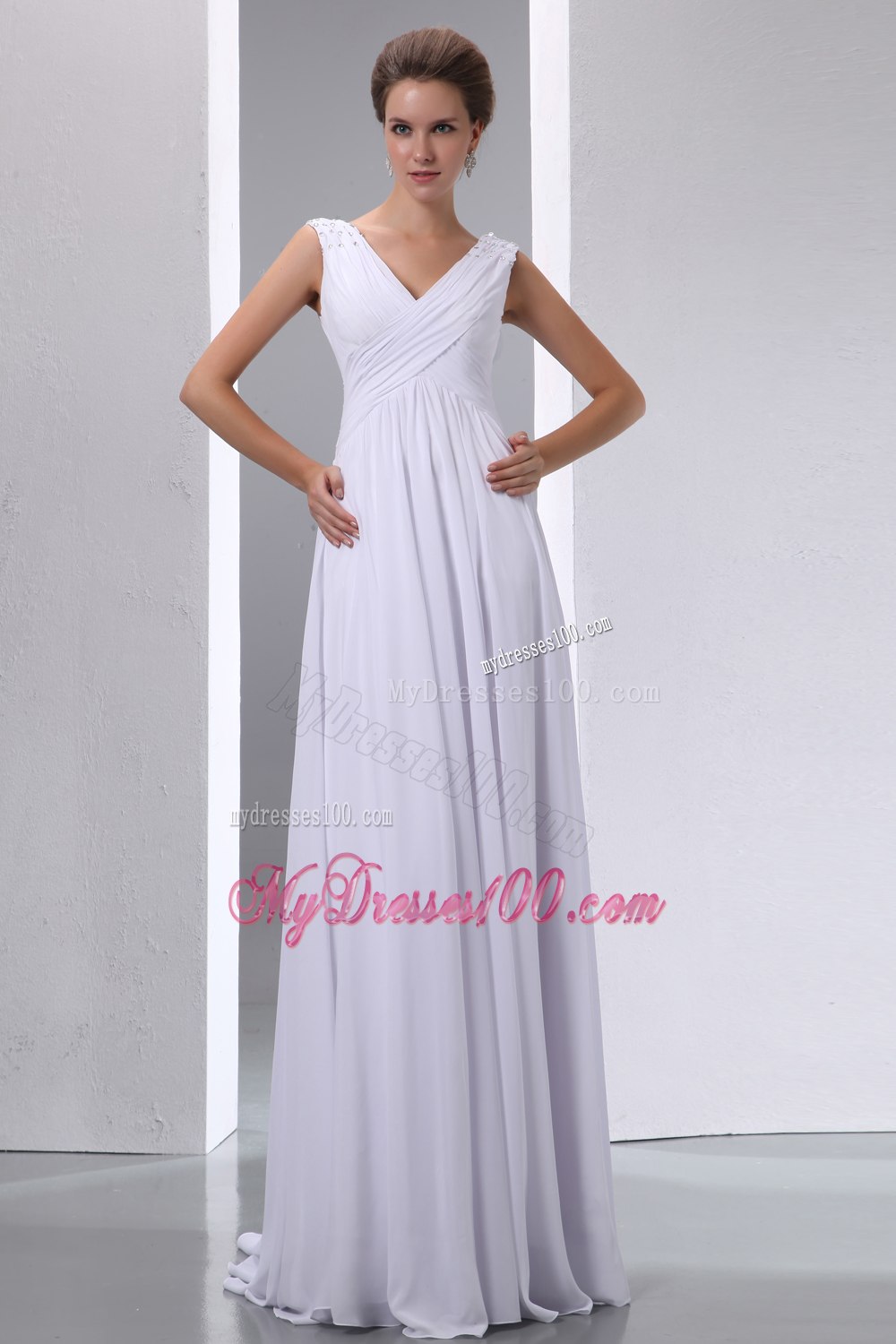White Empire V-neck Floor-length Beading and Ruched Wedding Dress