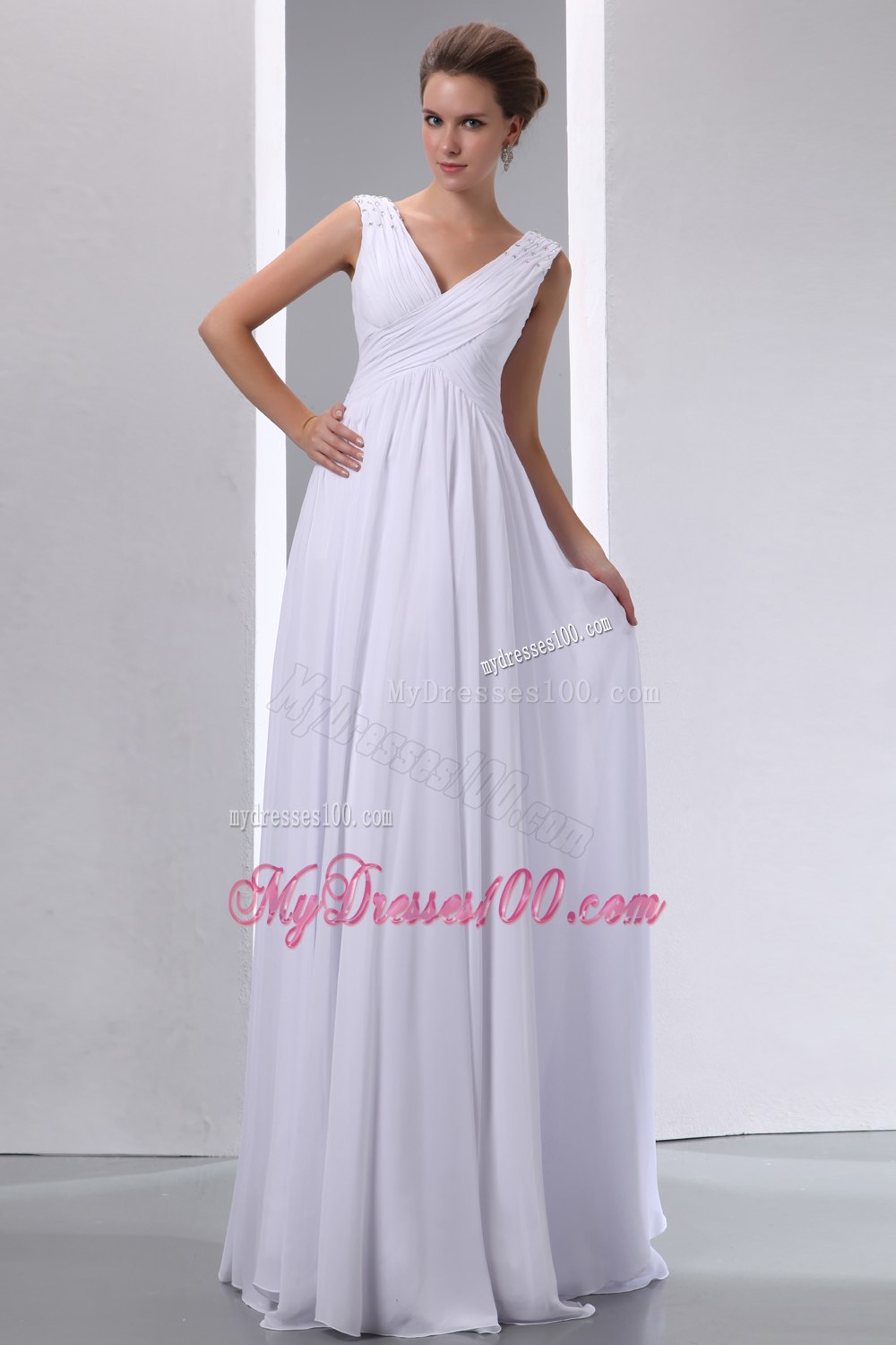 White Empire V-neck Floor-length Beading and Ruched Wedding Dress