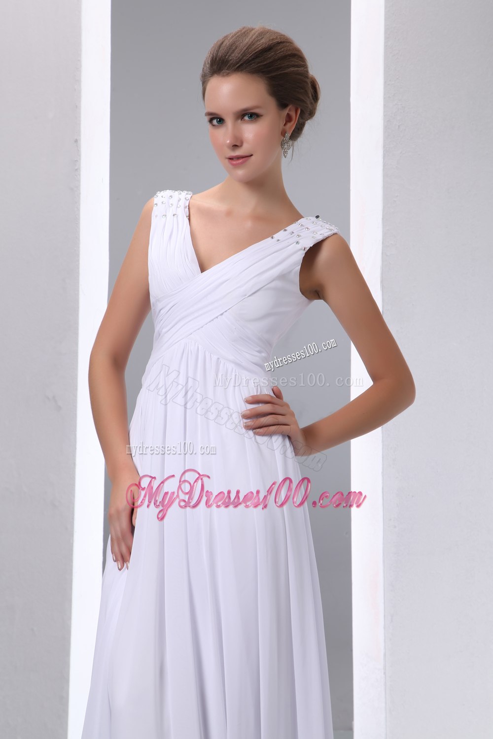 White Empire V-neck Floor-length Beading and Ruched Wedding Dress