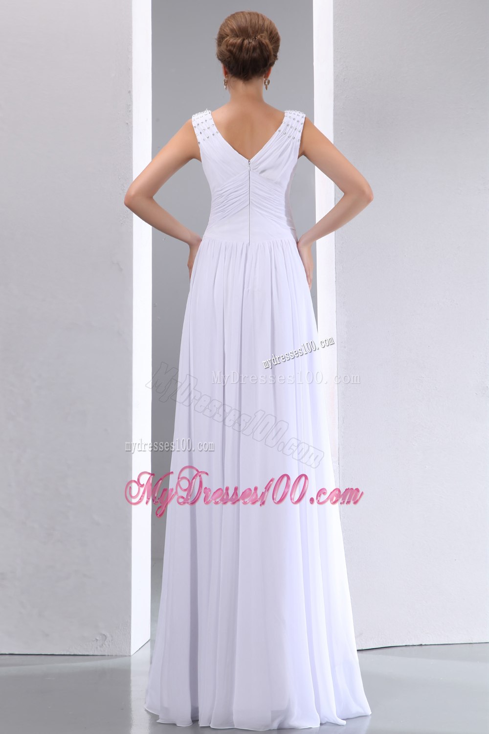 White Empire V-neck Floor-length Beading and Ruched Wedding Dress