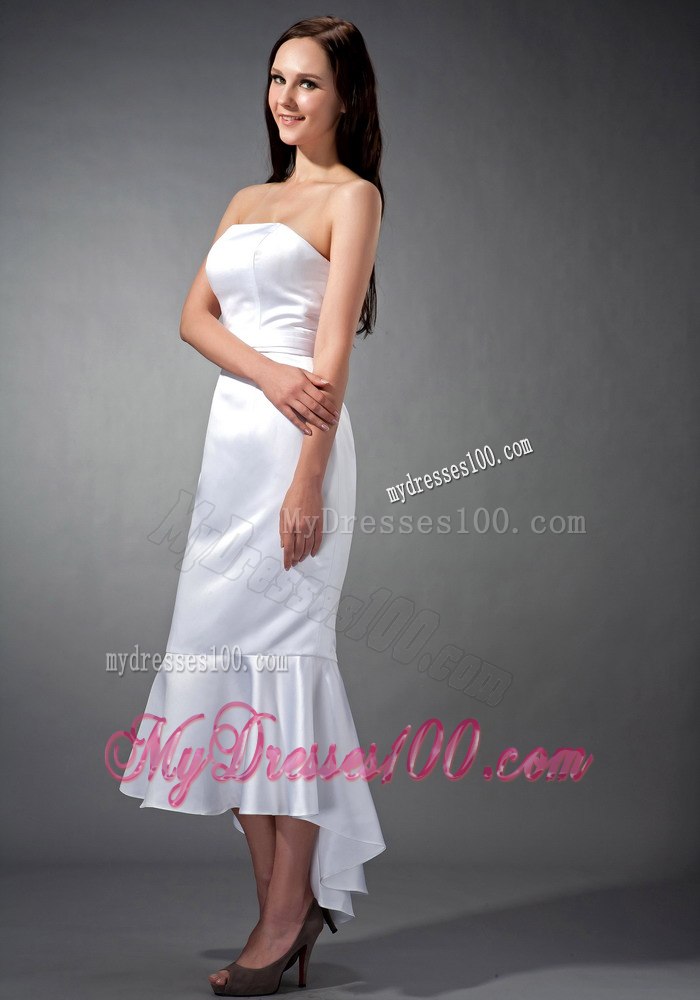 2013 Simple Mermaid Strapless Tea-length Ruching Hall Wedding Dress