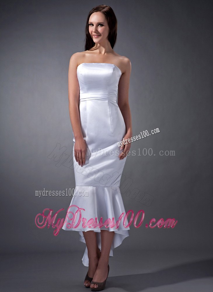 2013 Simple Mermaid Strapless Tea-length Ruching Hall Wedding Dress