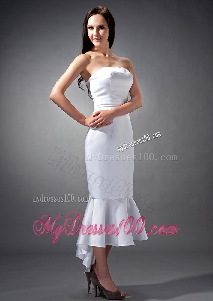 2013 Simple Mermaid Strapless Tea-length Ruching Hall Wedding Dress