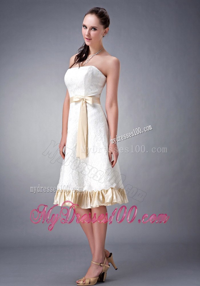 Champagne Princess Tea-length Strapless Lace Beach Wedding Dresses
