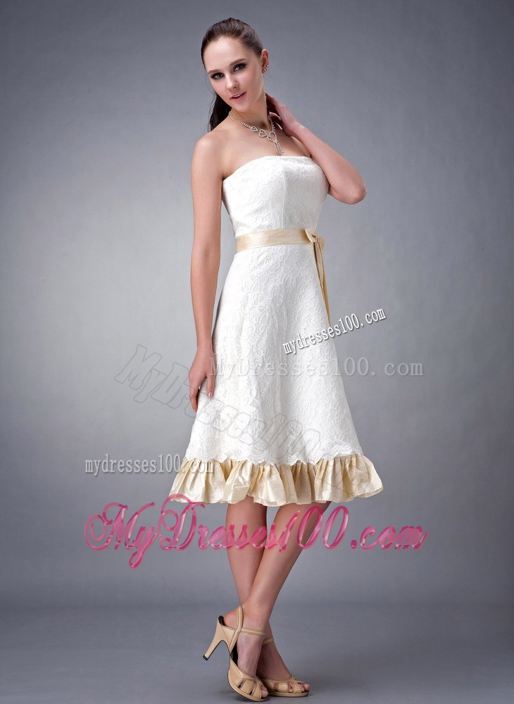 Champagne Princess Tea-length Strapless Lace Beach Wedding Dresses