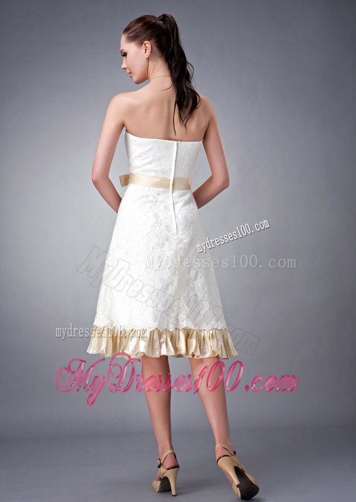 Champagne Princess Tea-length Strapless Lace Beach Wedding Dresses