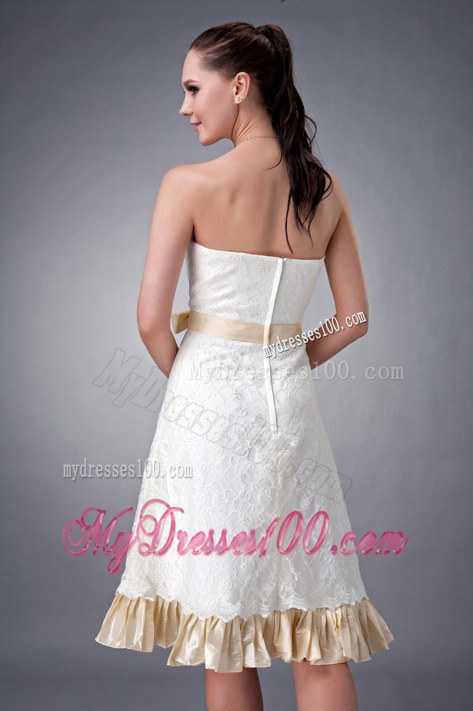Champagne Princess Tea-length Strapless Lace Beach Wedding Dresses