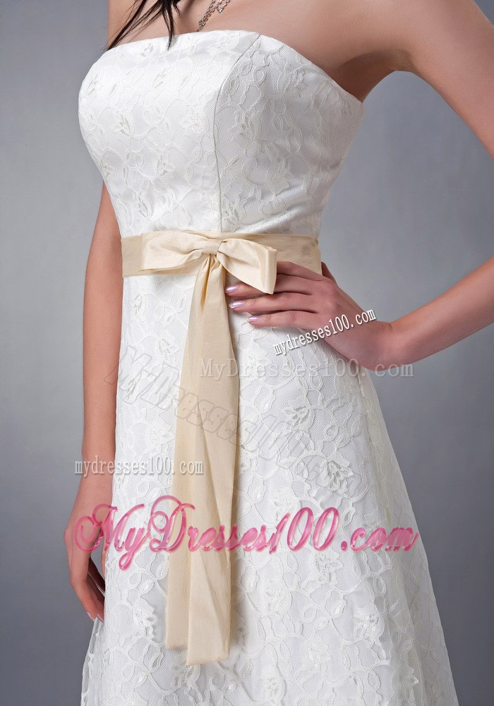 Champagne Princess Tea-length Strapless Lace Beach Wedding Dresses