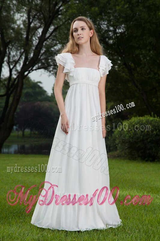 Empire Square Floor-length Ruched Cap Sleeves Outdoor Wedding Dress