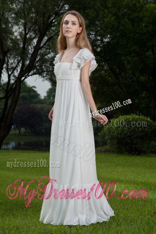 Empire Square Floor-length Ruched Cap Sleeves Outdoor Wedding Dress
