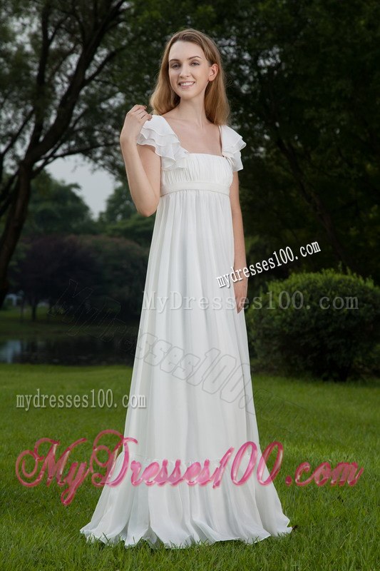 Empire Square Floor-length Ruched Cap Sleeves Outdoor Wedding Dress