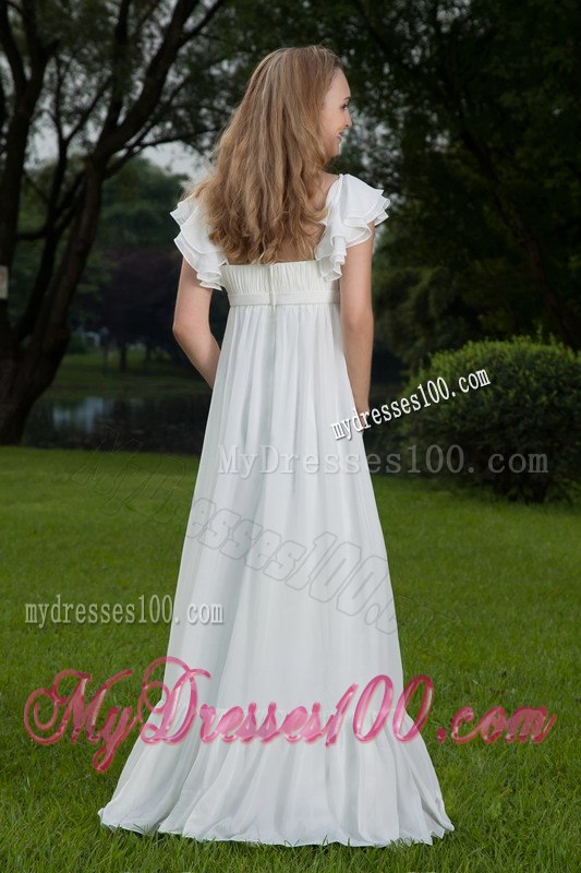 Empire Square Floor-length Ruched Cap Sleeves Outdoor Wedding Dress