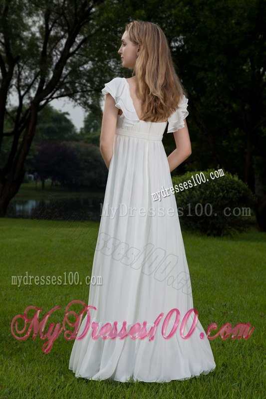 Empire Square Floor-length Ruched Cap Sleeves Outdoor Wedding Dress