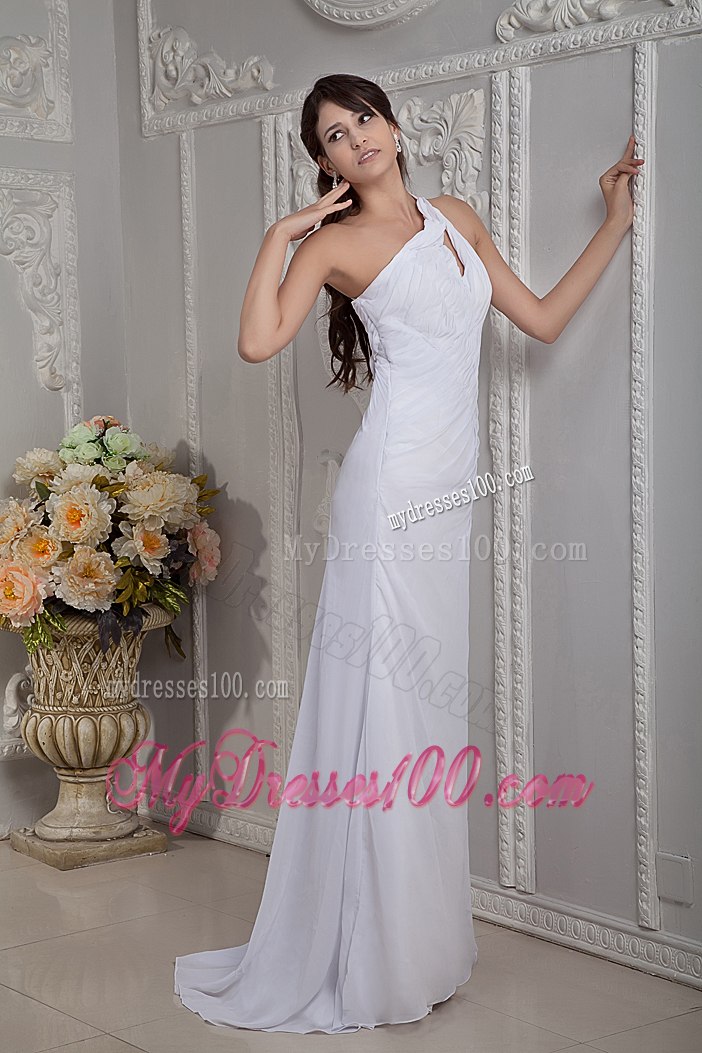 Simple Column One Shoulder Brush Train Ruching Wedding Dresses