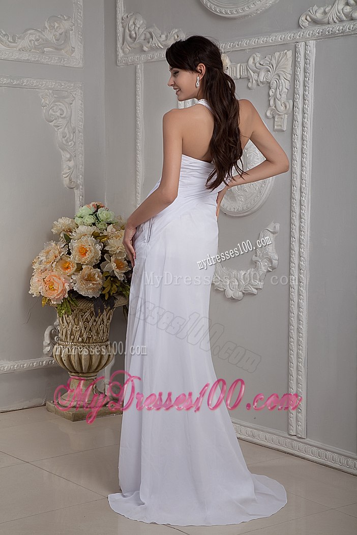 Simple Column One Shoulder Brush Train Ruching Wedding Dresses