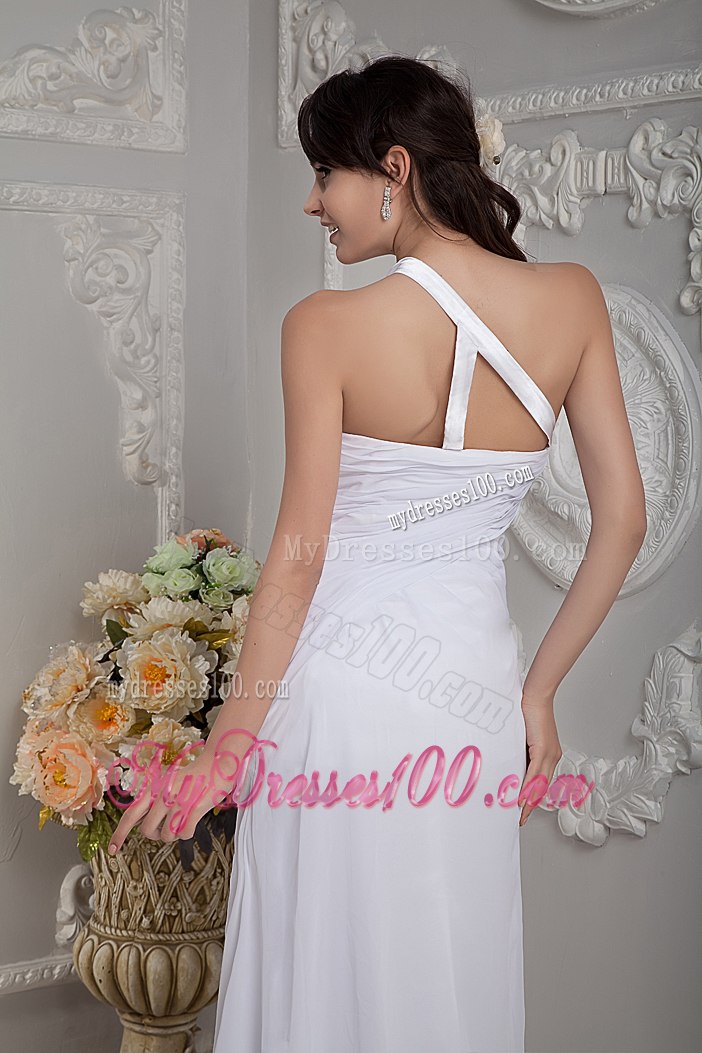 Simple Column One Shoulder Brush Train Ruching Wedding Dresses