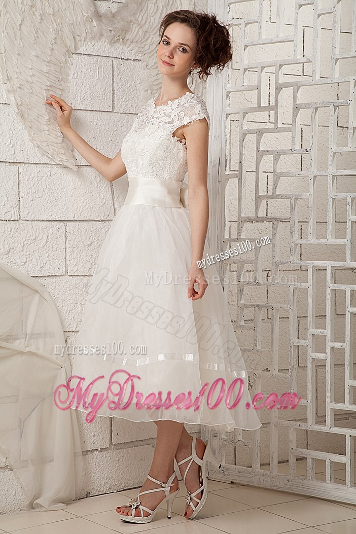 2013 Summer Lovely Scoop Tea-length Beach Wedding Dress